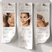 Three beauty receipts pinned to a wall